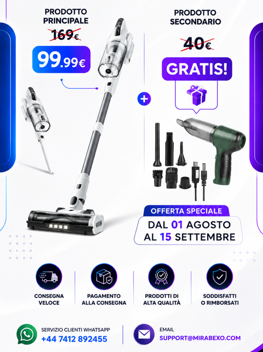 Aspirapolvere Senza Fili 6 in 1 + Mini Aspirapolvere per Auto in regalo